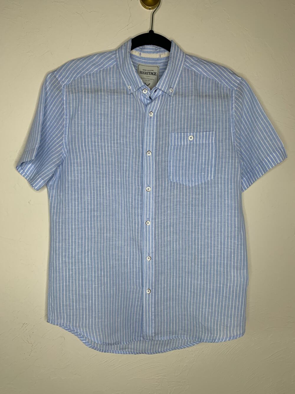 Linen Blue Striped Heritage Short Sleeve Shirt Sz Medium